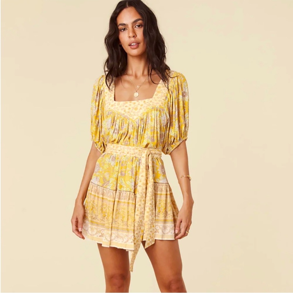 Spell & The Gypsy Collective Mossy Mini Dress Lemonade Square Neck Puff Sleeve